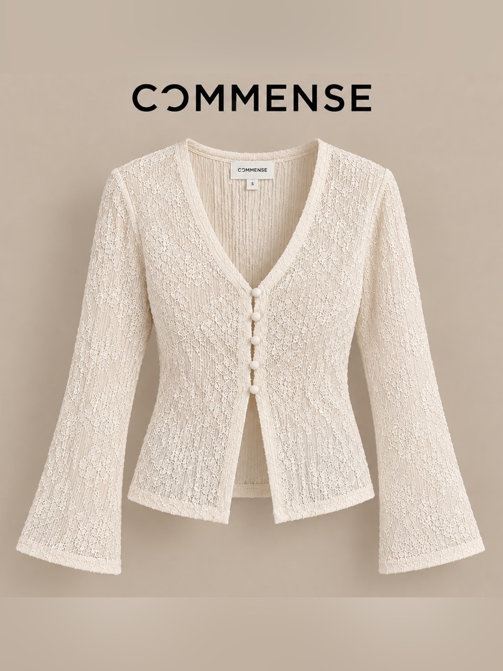 Commense Cream Lace-Button V-Neck Long Sleeve Top NWT Size Small.